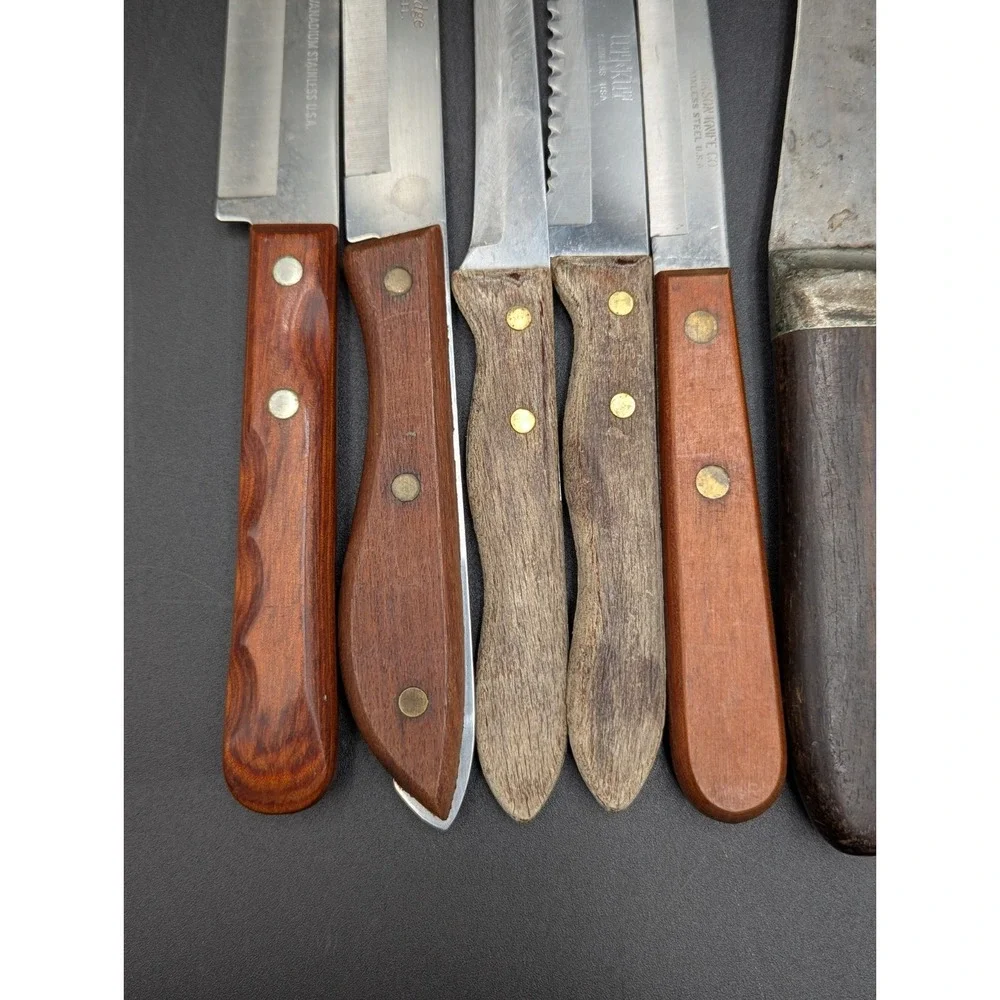Mix Lot of 12 VTG Knife Knives Wood Handle Brass Rivets USA Chef Butcher Bread